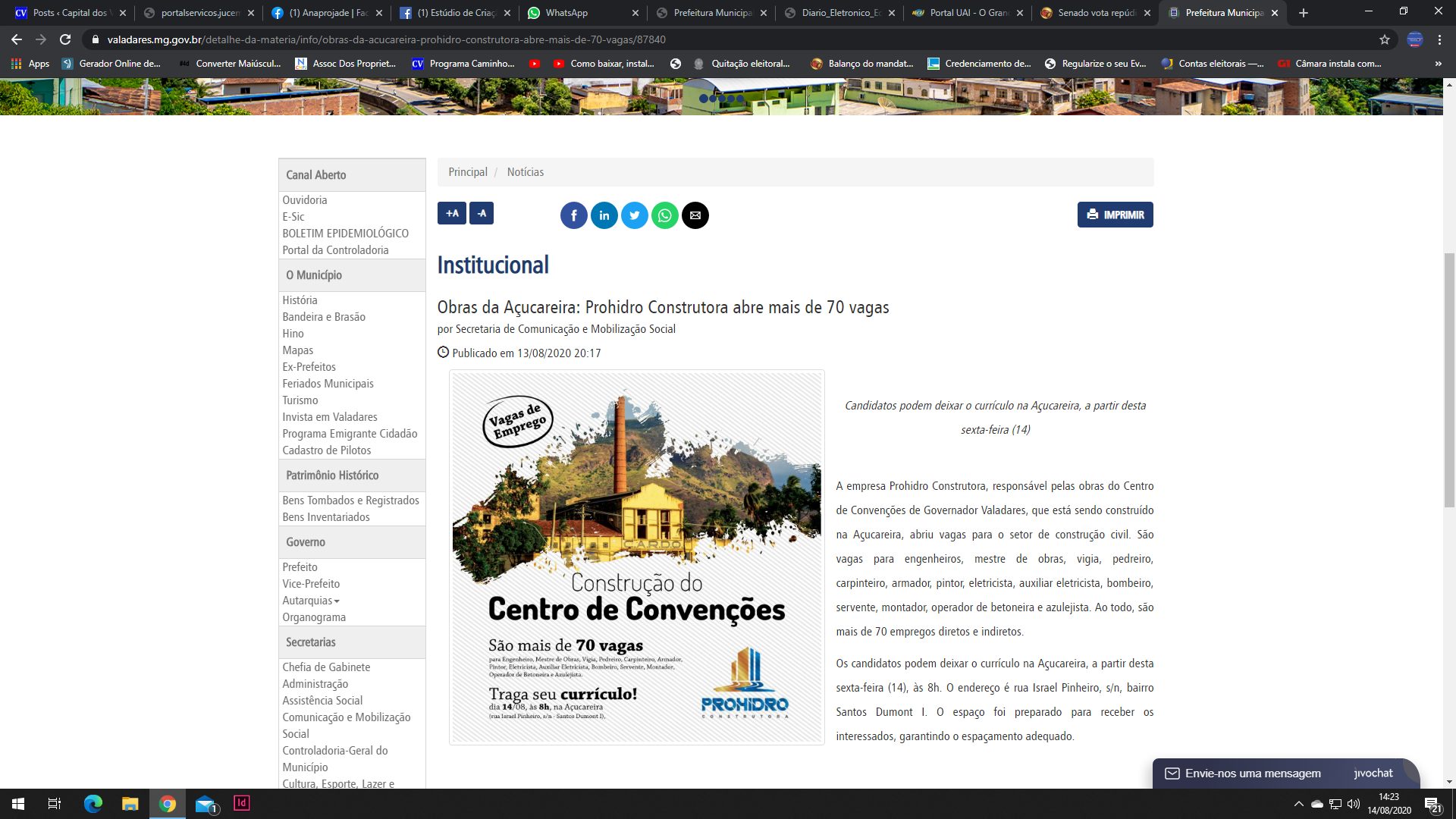 Após denúncia do Jornal Capital dos Vales Prefeitura de GV anuncia  contratação de mão de obras da Prohidro  em seu site oficial