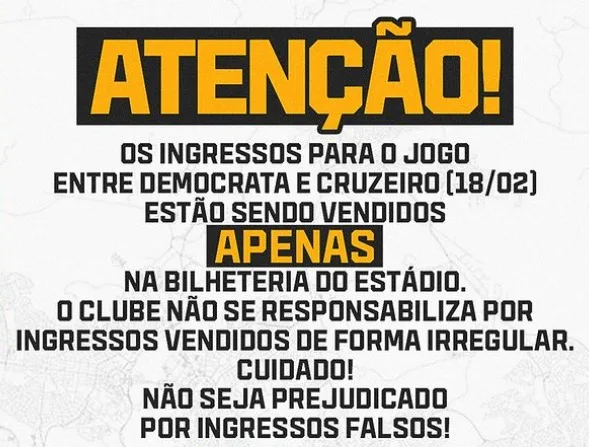 Democrata-GV faz alerta sobre venda de ingressos falsos para duelo com Cruzeiro
